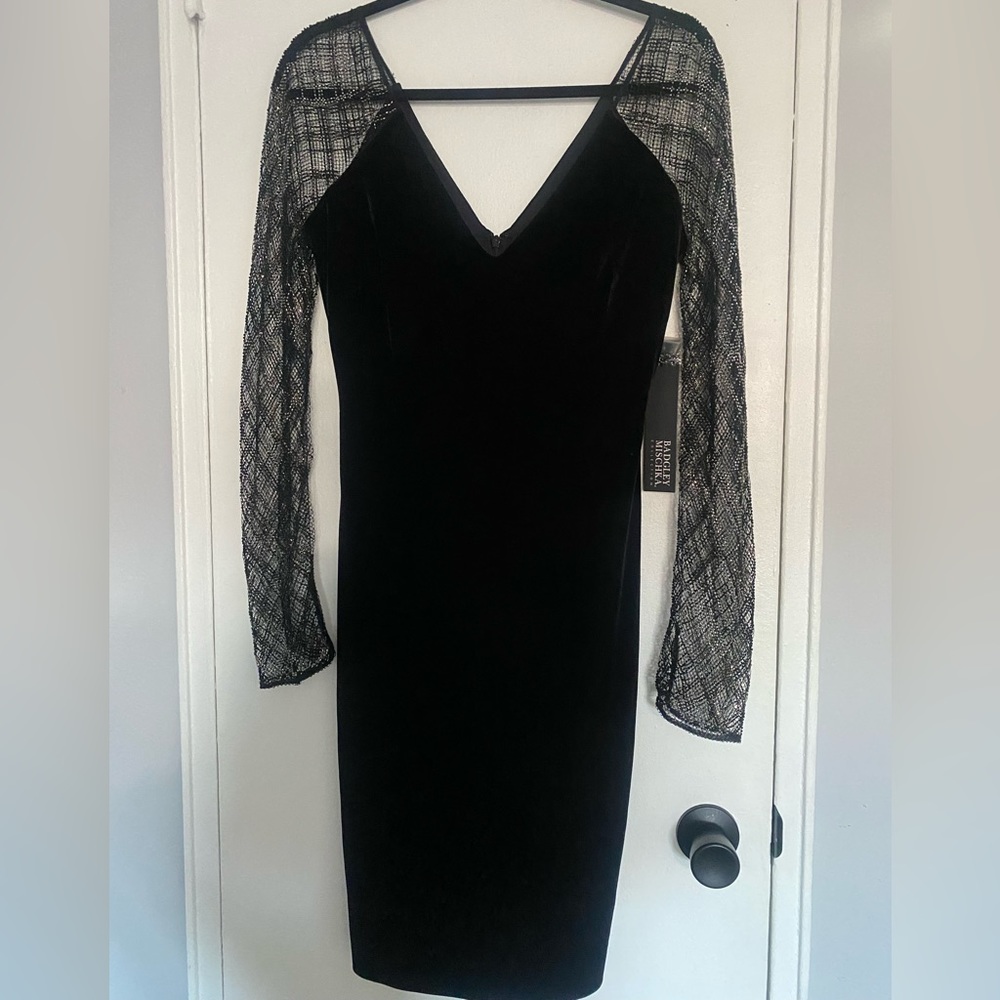 Badgley Mischka Velvet Bodycon Dress, see-through black/silver beaded sleeves.